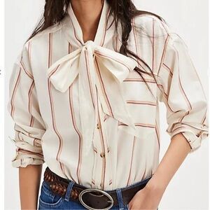 Free People Cream and Red Striped Button Down Shirt